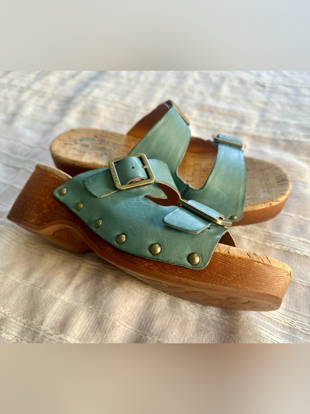 KORK-EASE Saffron Turquoise Green Leather Slide Sandals | 8